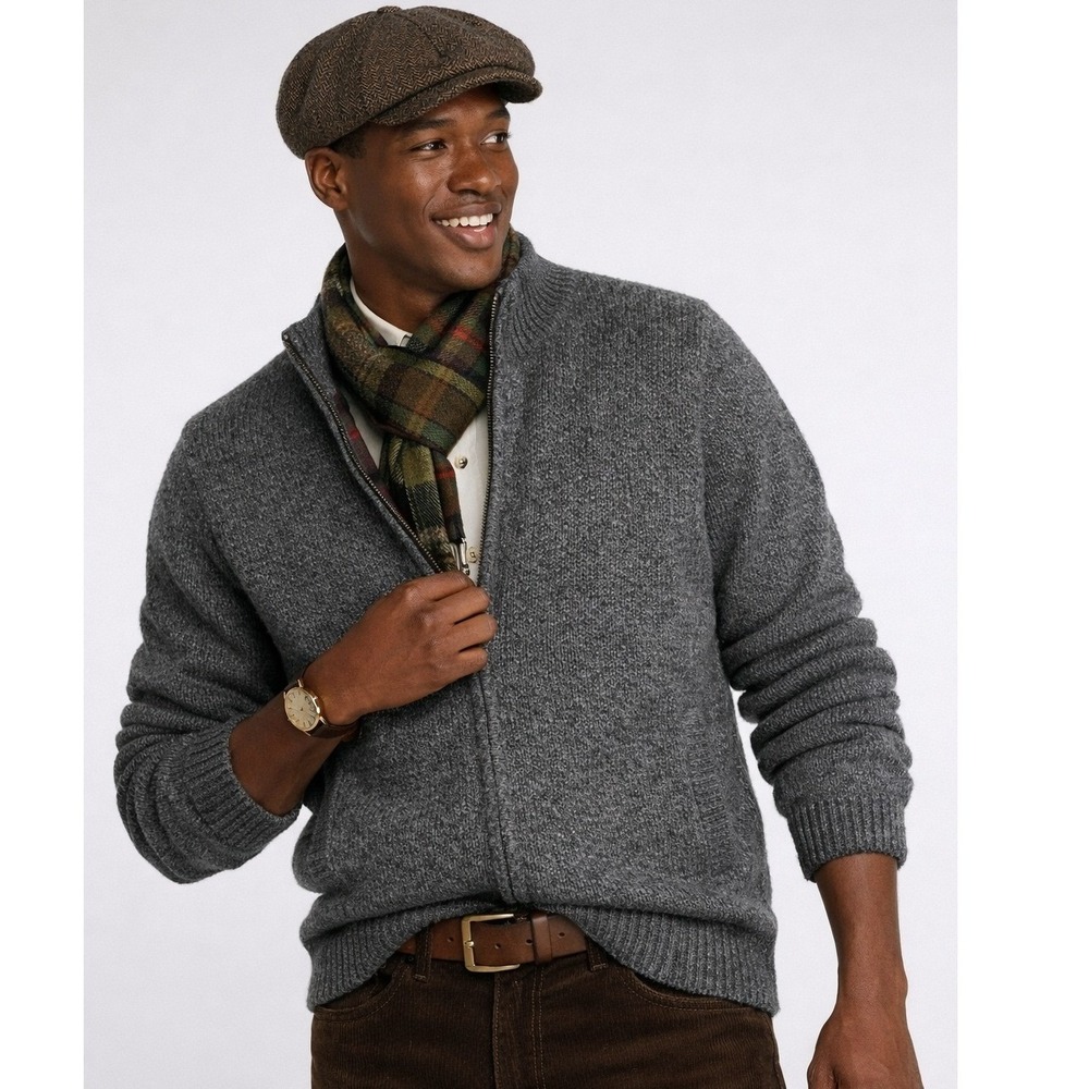L.L. Bean Men's Gray 100% Lambswool Full Zip Sweater Flannel Lined Jacket Large
